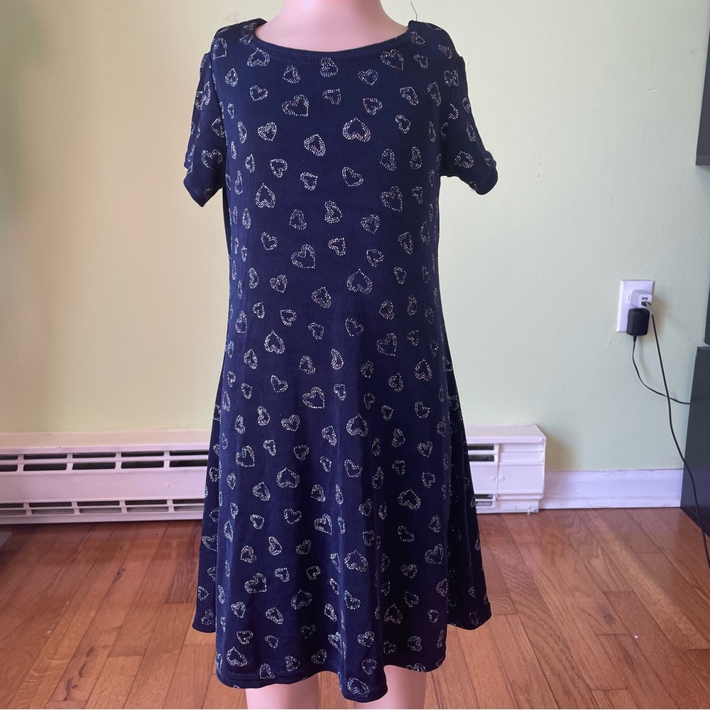 VINTAGE 90s ALL THAT JAZZ NAVY BLUE GLITTER HEART GRAPHIC DRESS SIZE 5 GIRLS